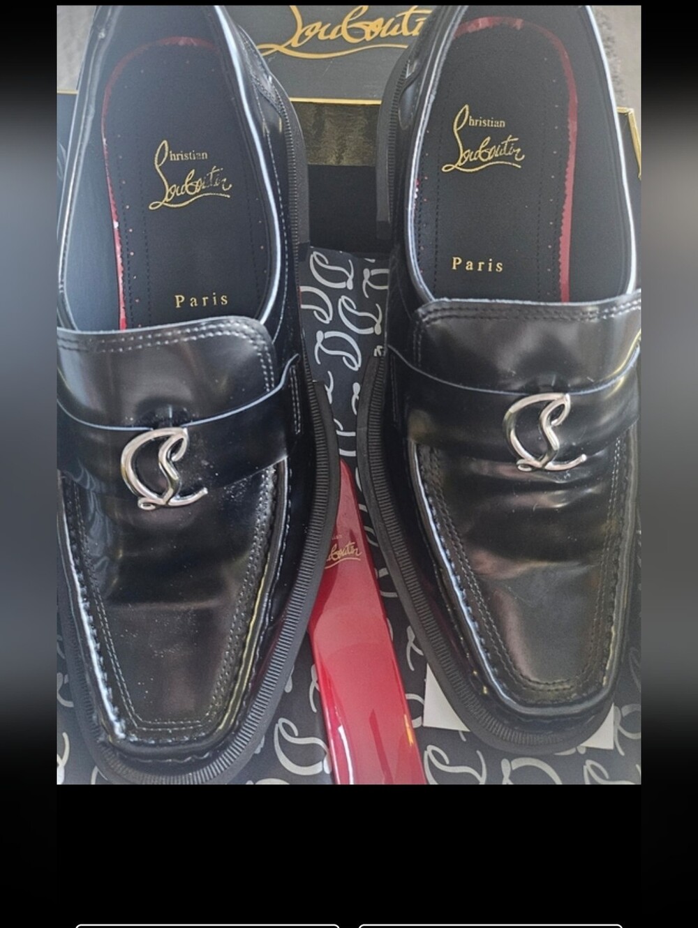 Christian Louboutin Men’s Black Patent Leather Loafers Size 46 CL Logo Luxury